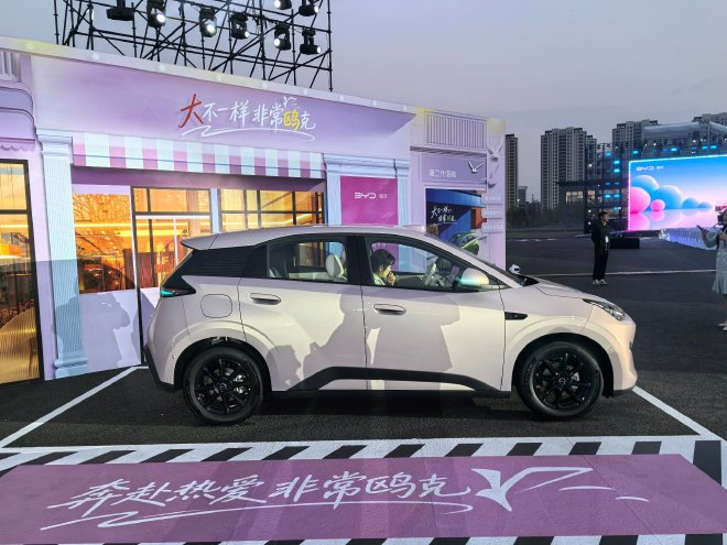 BYD Seagull 2027 в розовом цвете, вид сбоку
